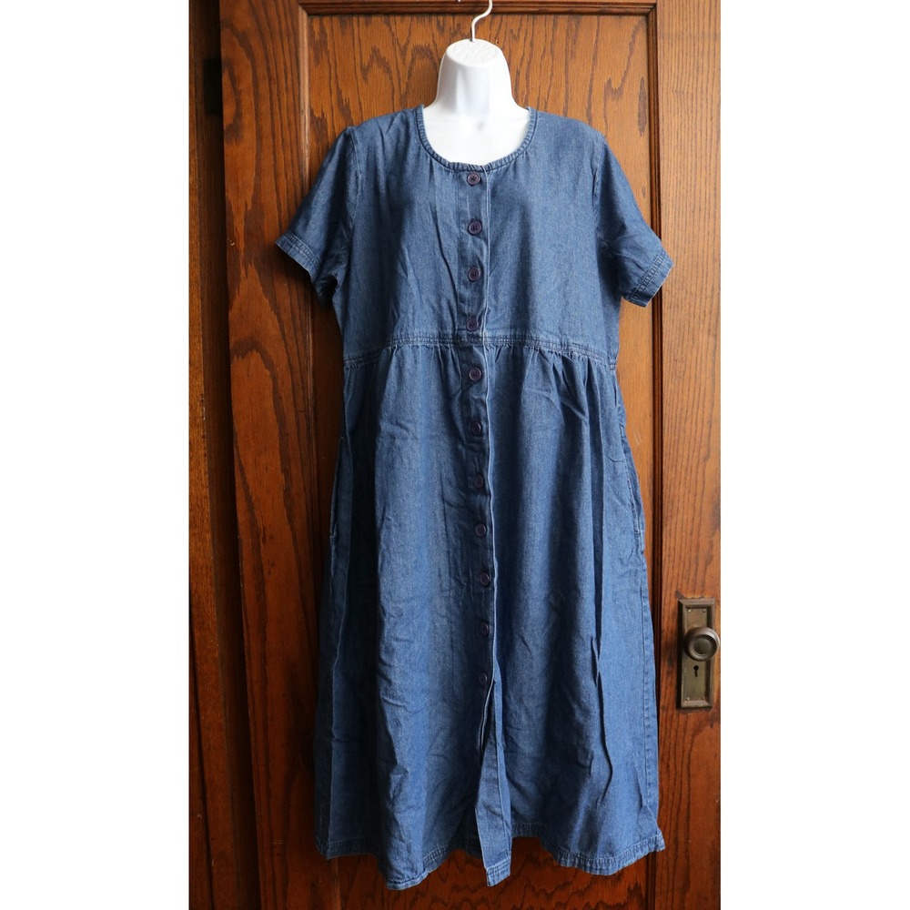 Vintage AMERICAN SWEETHEART Denim Midi Dress Women Large Blue Pocket Buttons 90s